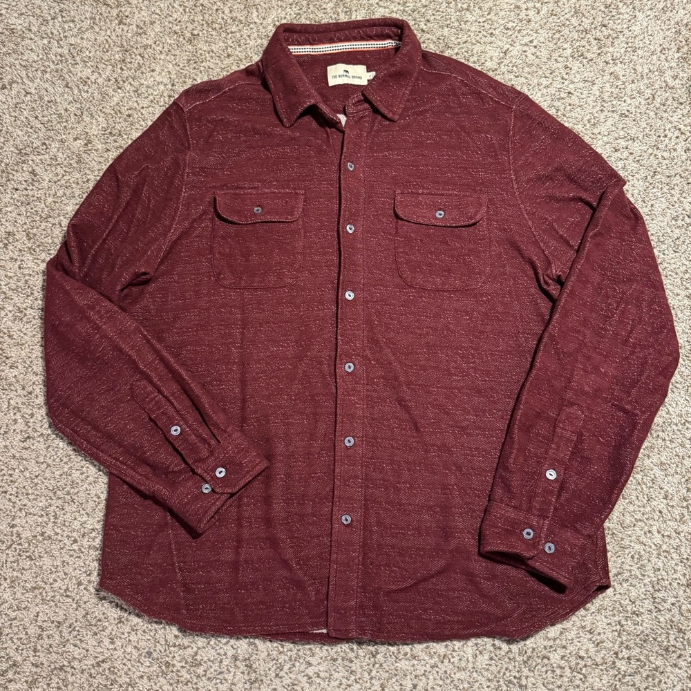 The Normal Brand Textured Knit Long Sleeve Button-up Shirt In Wine - XL